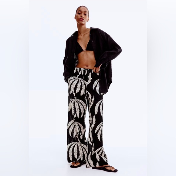 H&M Pants - H&M Black Palm Print Wide Leg Pants Small Cotton Drawstring Semi Sheer Resort